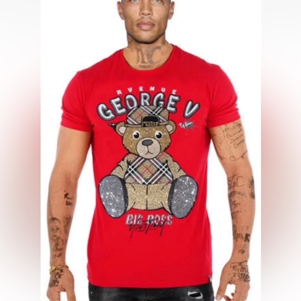 Avenue George V Paris T-Shirt Rhinestone men’s graphic teddy bear Red fitted tee